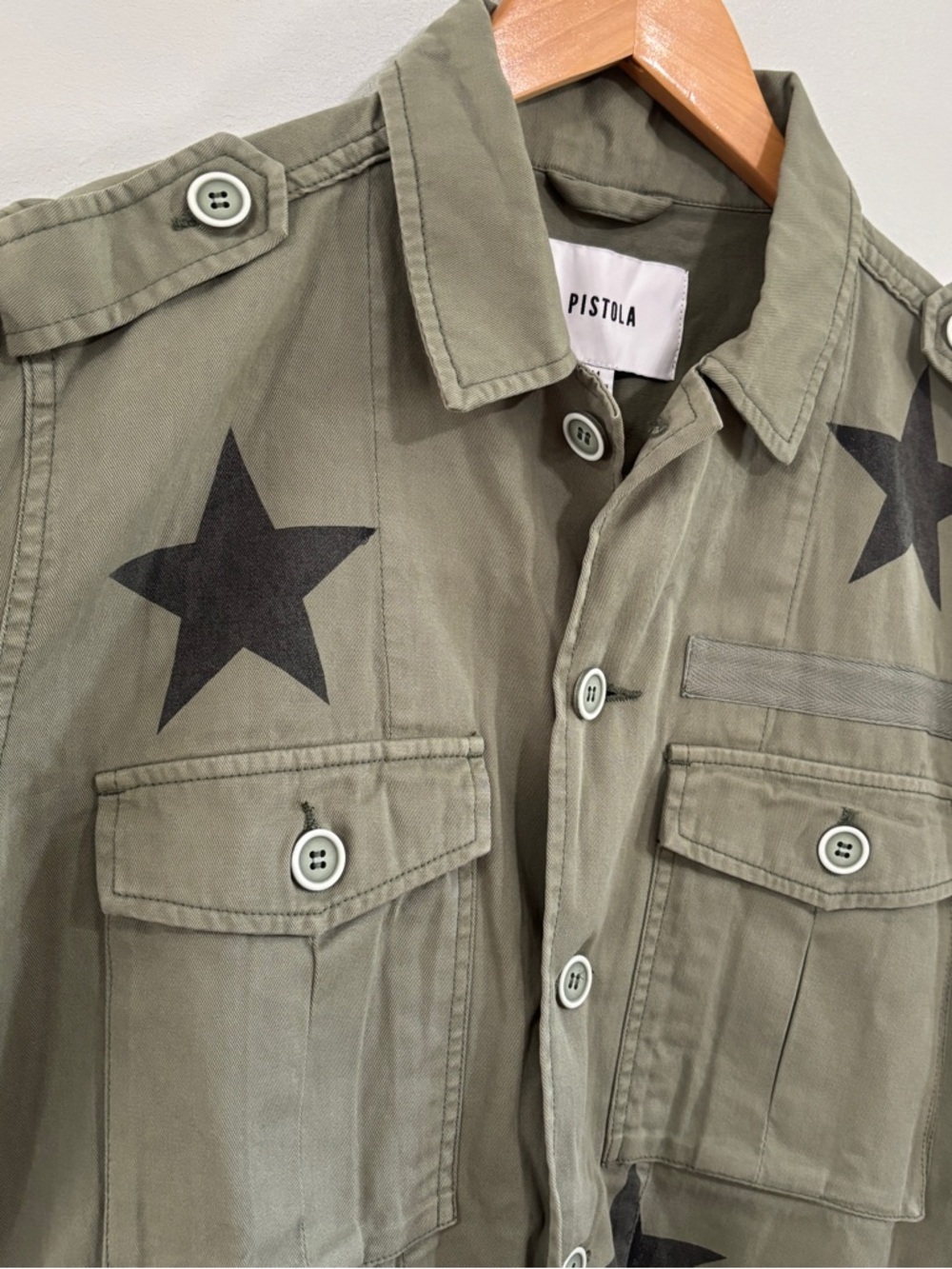 Pistola Olive Green Star Print Utility Jacket medium - Picture 3 of 7